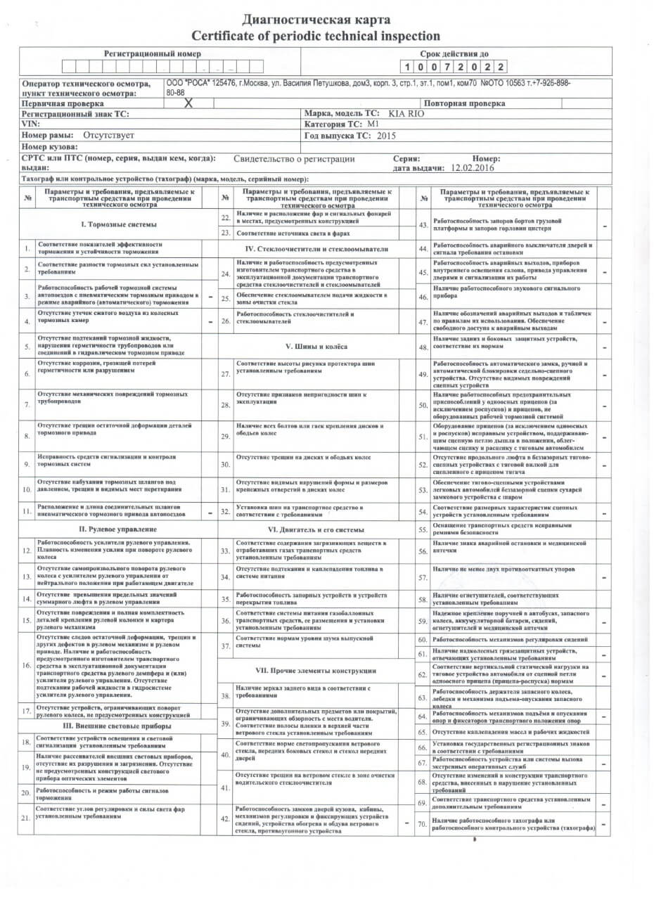 Диагностическая карта техосмотра